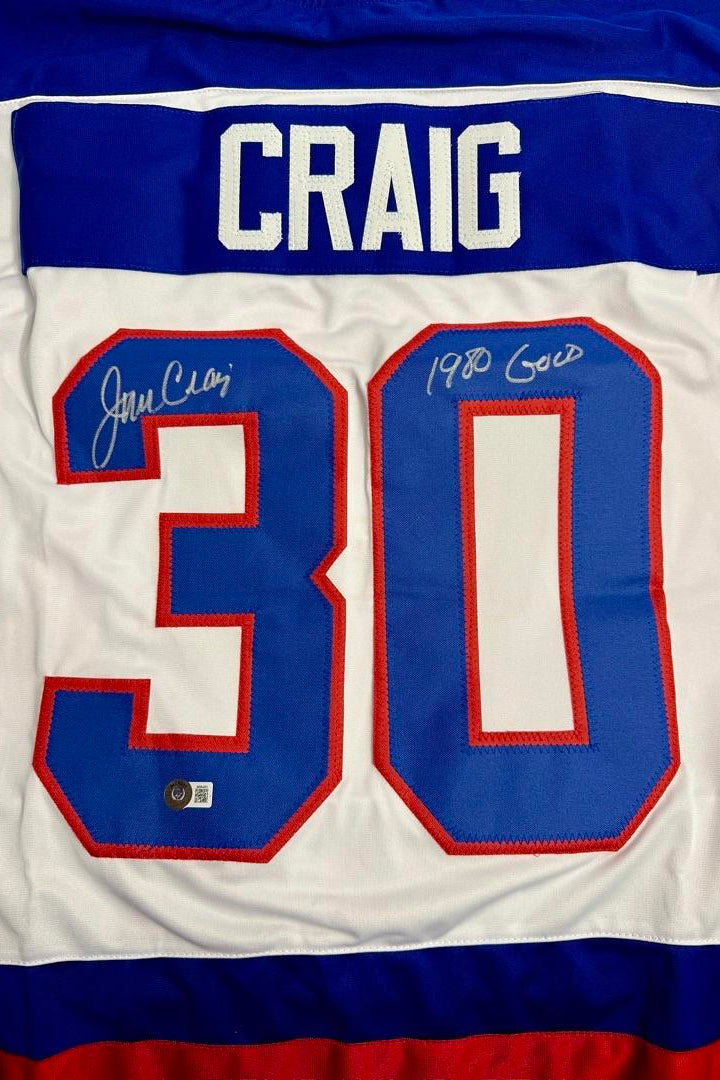 Jim Craig 1980 Signed Team USA Hockey Jersey w/ "1980 Gold" Inscription - Beckett COA #01